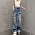 Streetwear Harajuku Jeans for Women Pantalones Vaqueros Mujer Chic Fake Two Denim Trousers Casual Straight Y2k Wide Leg Pants