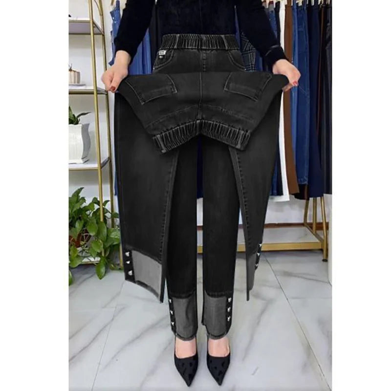 Middle-aged Women's Jeans Spring Autumn Stretch Waist Straight Denim Pants Large Size Loose High Waist Casual Black Blue Trouser
