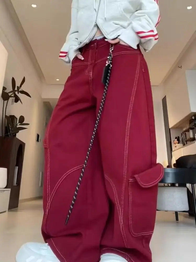 Women's Red Retro High-Waisted Wide-Leg Jeans, American Street Style Loose Wide-Leg Denim Pants, Lazy Comfortable Fashion Style