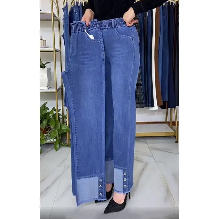 Middle-aged Women's Jeans Spring Autumn Stretch Waist Straight Denim Pants Large Size Loose High Waist Casual Black Blue Trouser