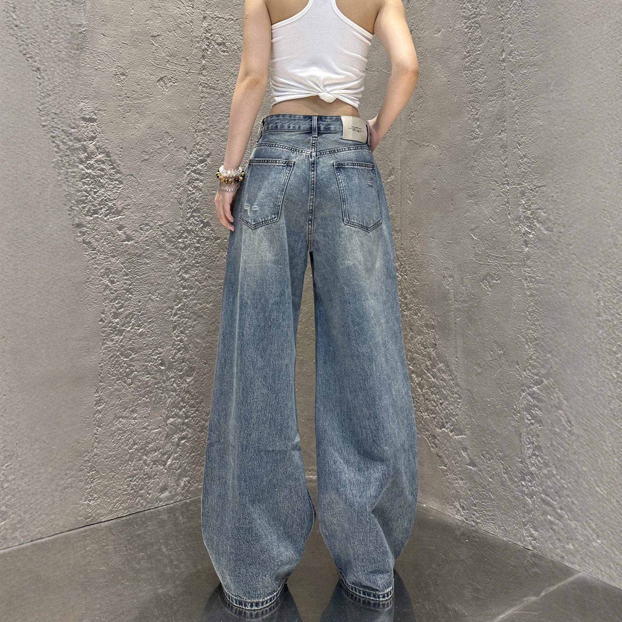 Streetwear Harajuku Jeans for Women Pantalones Vaqueros Mujer Chic Fake Two Denim Trousers Casual Straight Y2k Wide Leg Pants