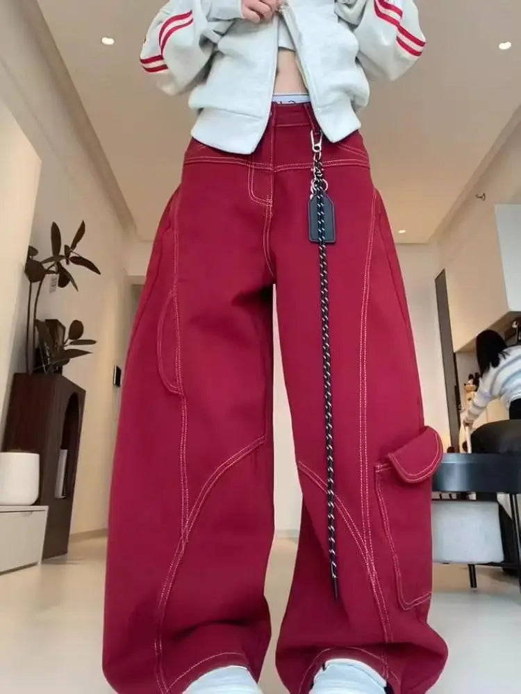 Women's Red Retro High-Waisted Wide-Leg Jeans, American Street Style Loose Wide-Leg Denim Pants, Lazy Comfortable Fashion Style