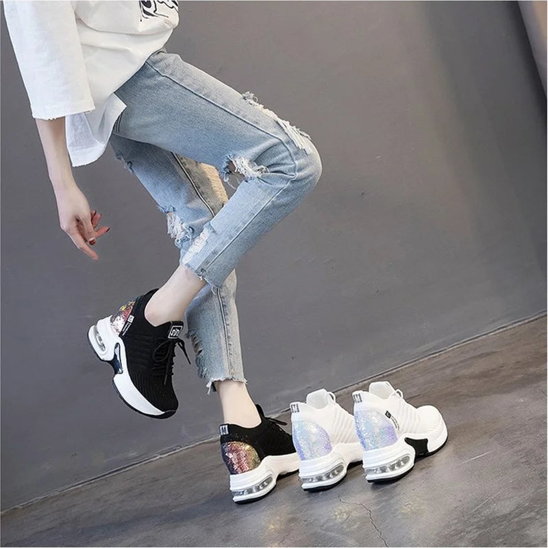 2022 New Women's Mesh Invisible Heightening Women's Wedge Heel Lace-up Sneakers Fashion Color Matching Women's Shoes