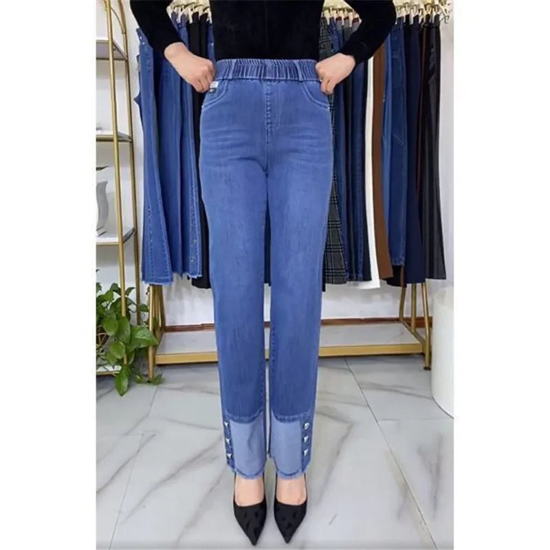 Middle-aged Women's Jeans Spring Autumn Stretch Waist Straight Denim Pants Large Size Loose High Waist Casual Black Blue Trouser