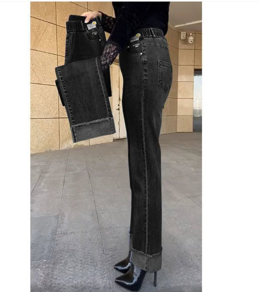 Middle-aged Women's Jeans Spring Autumn Stretch Waist Straight Denim Pants Large Size Loose High Waist Casual Black Blue Trouser