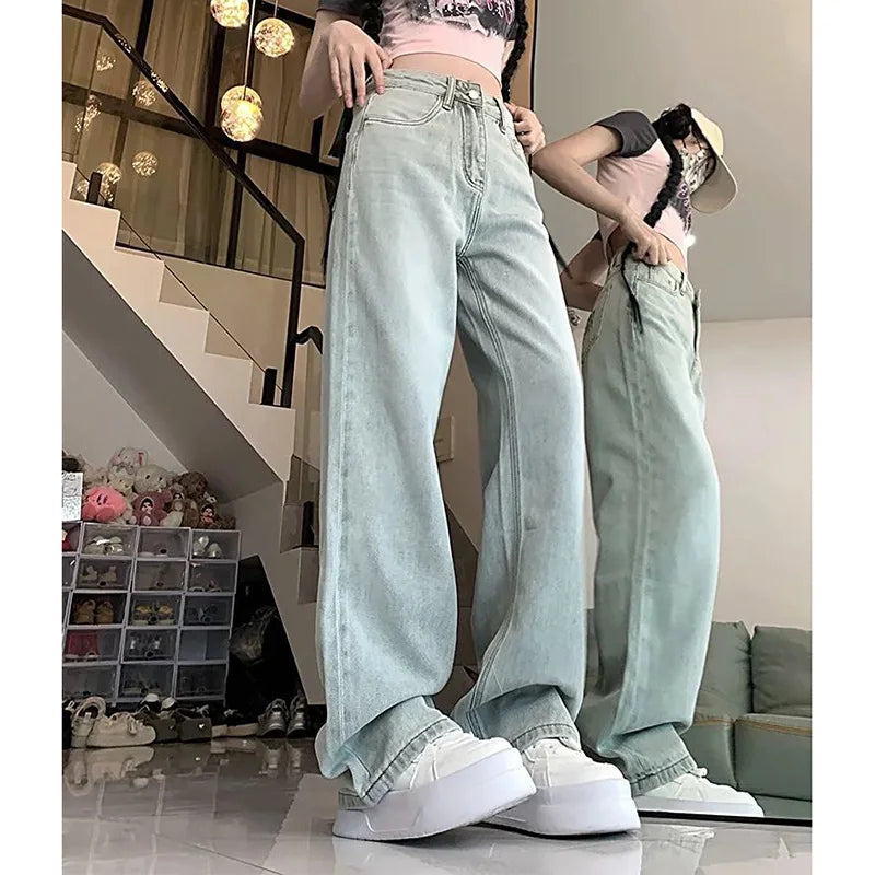Lady Chic Green Embroidered Jeans Pants Women Loose Fit Denim Pants Girls High Waisted Straight Leg Jeans Trousers