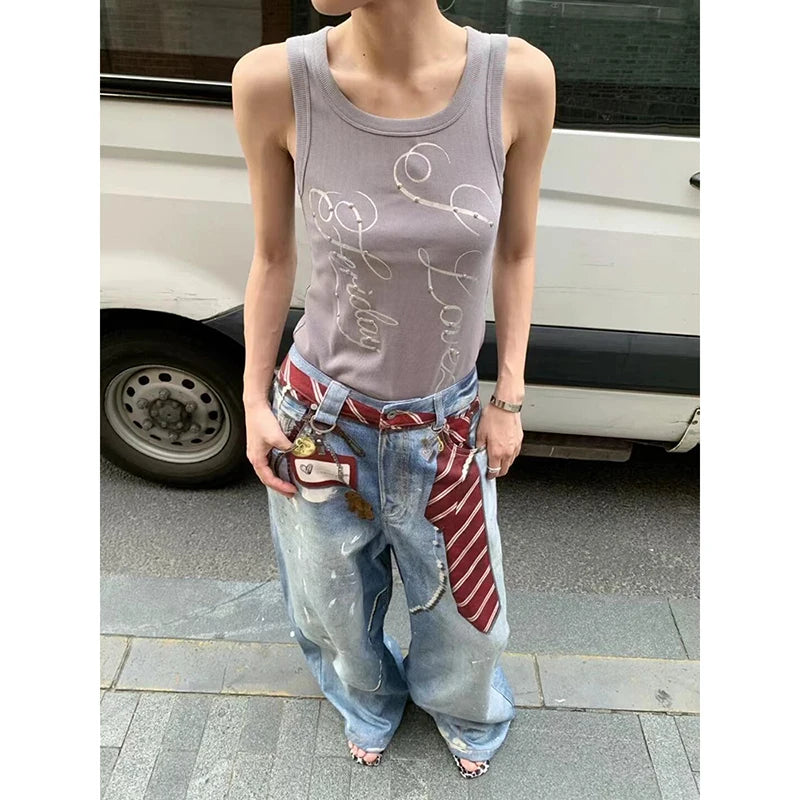 ZHIZOU Women Blue Y2k Baggy Jeans Harajuku VintageBent Knife Denim Trouser Aesthetic 2000s Style Jeans Pants Oversize Clothes
