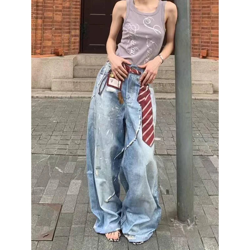 ZHIZOU Women Blue Y2k Baggy Jeans Harajuku VintageBent Knife Denim Trouser Aesthetic 2000s Style Jeans Pants Oversize Clothes
