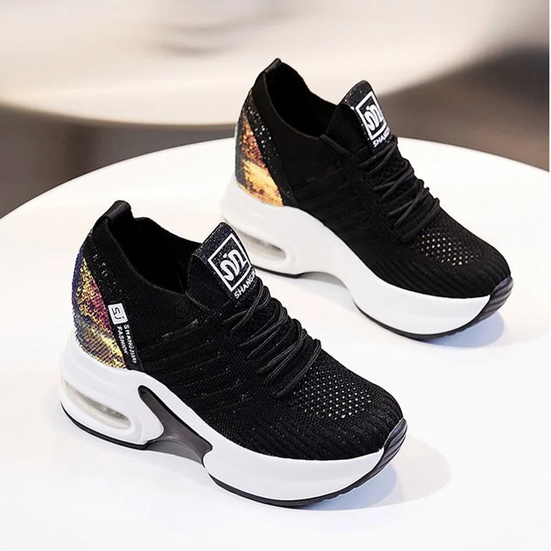 2022 New Women's Mesh Invisible Heightening Women's Wedge Heel Lace-up Sneakers Fashion Color Matching Women's Shoes