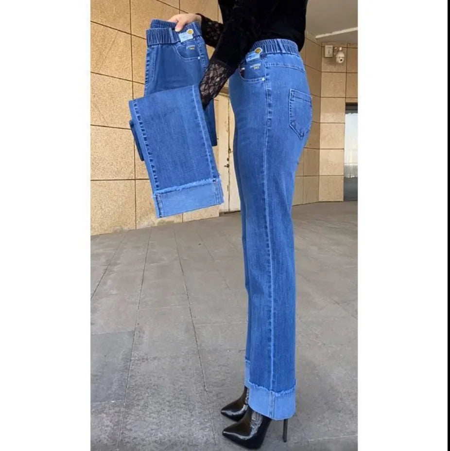 Middle-aged Women's Jeans Spring Autumn Stretch Waist Straight Denim Pants Large Size Loose High Waist Casual Black Blue Trouser