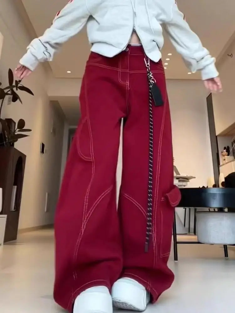 Women's Red Retro High-Waisted Wide-Leg Jeans, American Street Style Loose Wide-Leg Denim Pants, Lazy Comfortable Fashion Style