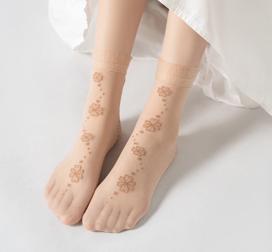 10pairs Women's Lace And Lace Loose Mouth Short Stockings, Women's Thin Design, Core Wrapped Silk Short Stockings, Ultra-thin Summer