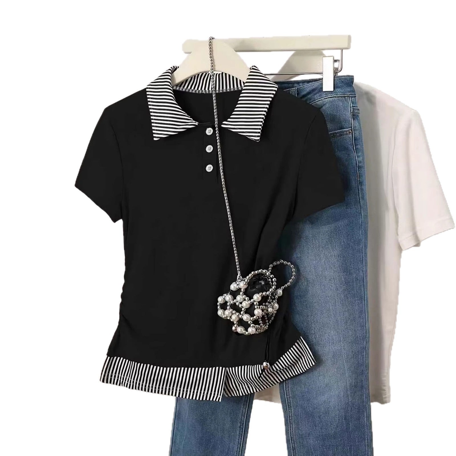 Fake Two-Piece Set Color-Block Patchwork Slimming Short-Sleeve Top
