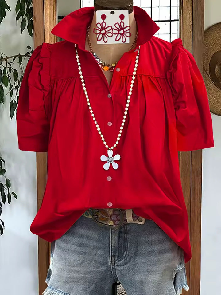 Summer New Womens Casual Loose Fashion Pleated Solid Color Patchwork Short-Sleeve Shirt