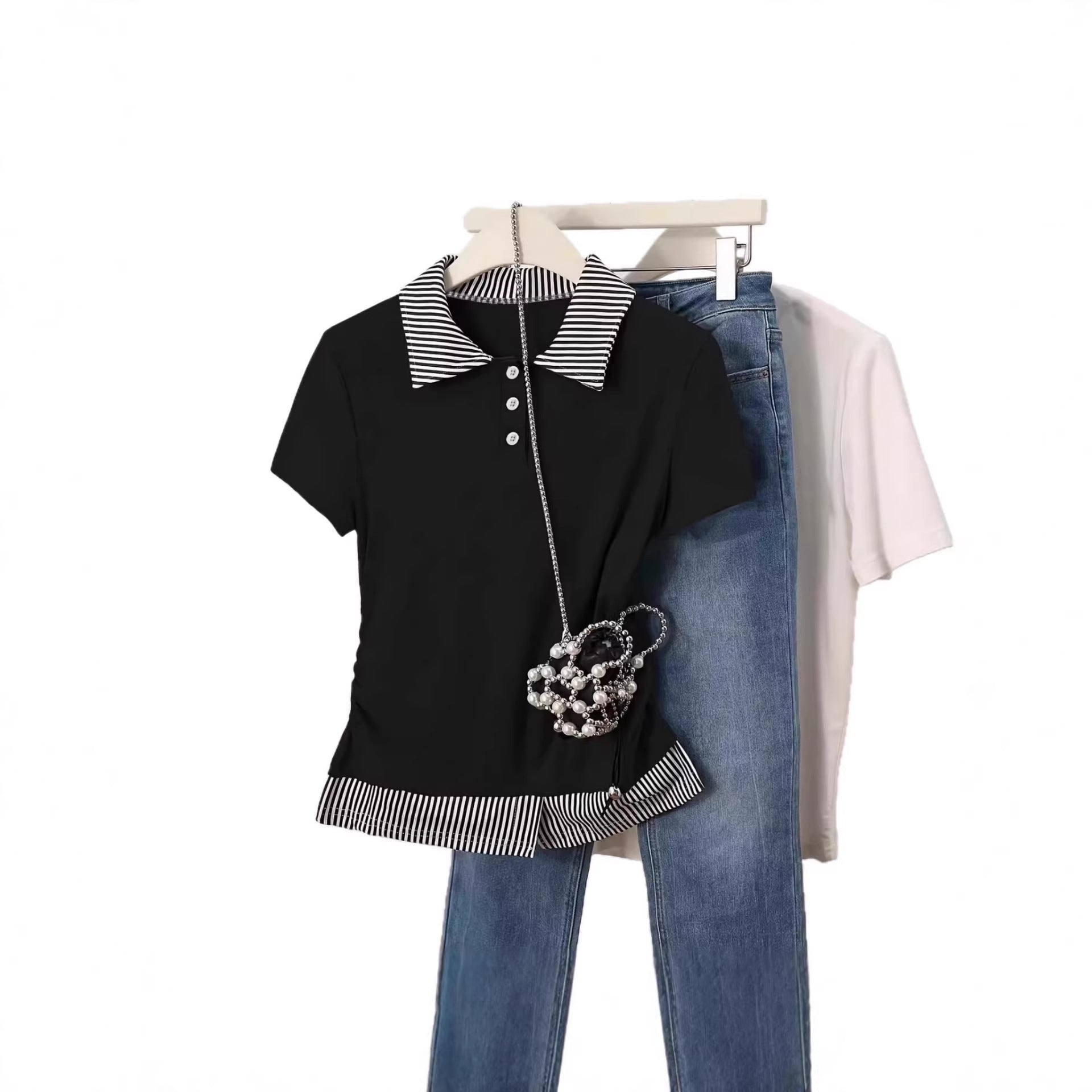 Fake Two-Piece Set Color-Block Patchwork Slimming Short-Sleeve Top