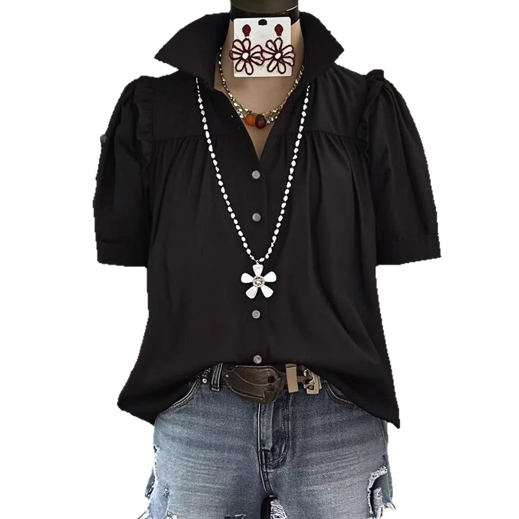 Summer New Womens Casual Loose Fashion Pleated Solid Color Patchwork Short-Sleeve Shirt