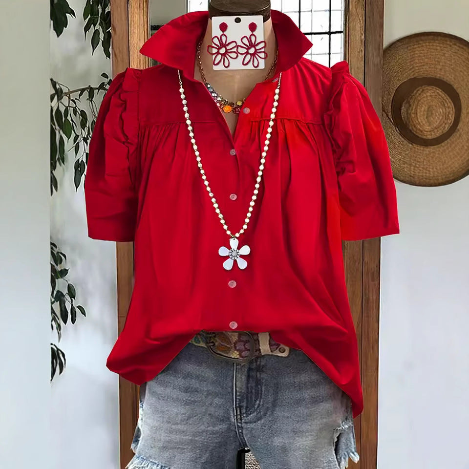 Summer New Womens Casual Loose Fashion Pleated Solid Color Patchwork Short-Sleeve Shirt