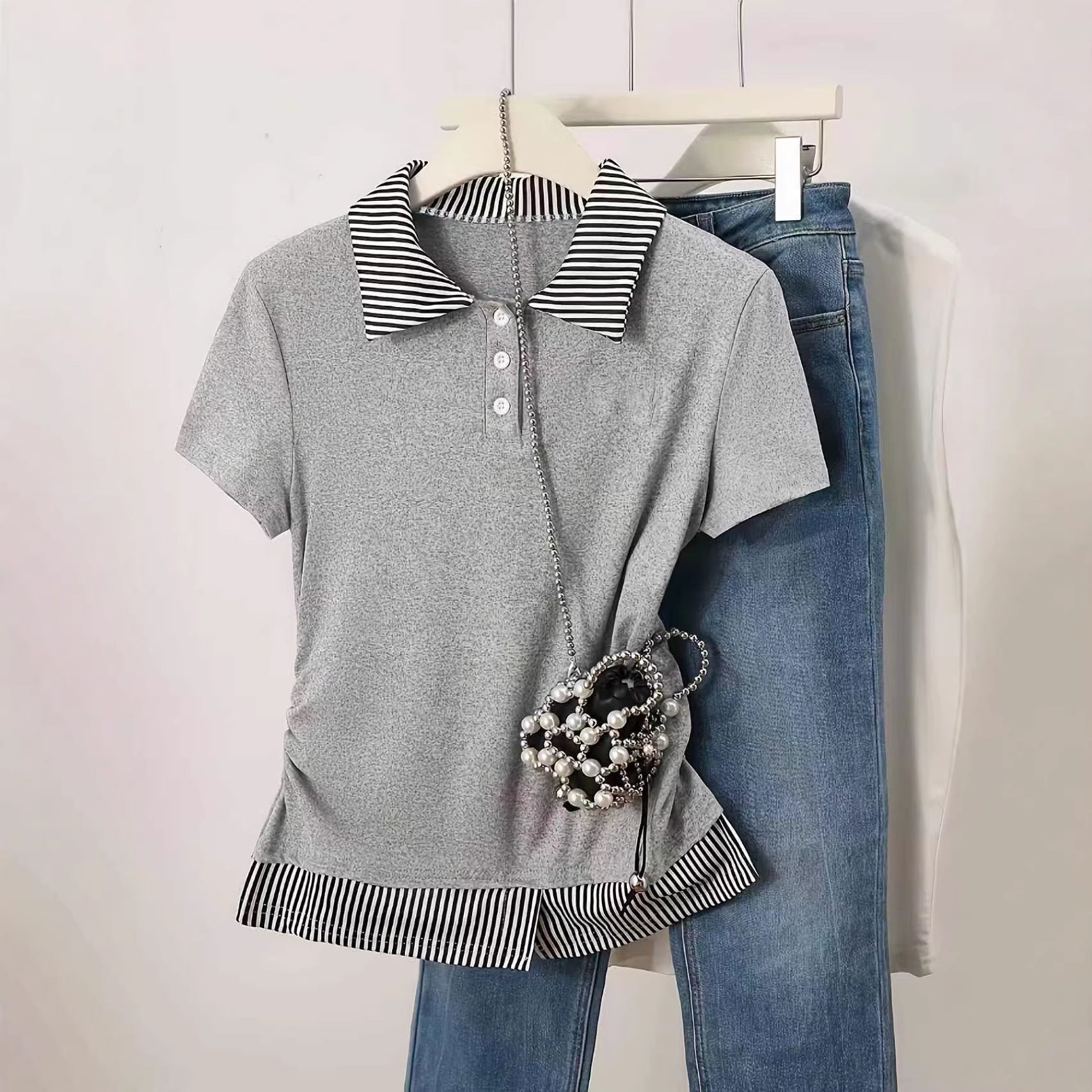 Fake Two-Piece Set Color-Block Patchwork Slimming Short-Sleeve Top